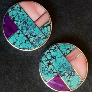 Vintage Ray Tracey Knifewing Spiderweb Turquoise Inlay Earrings, Navajo